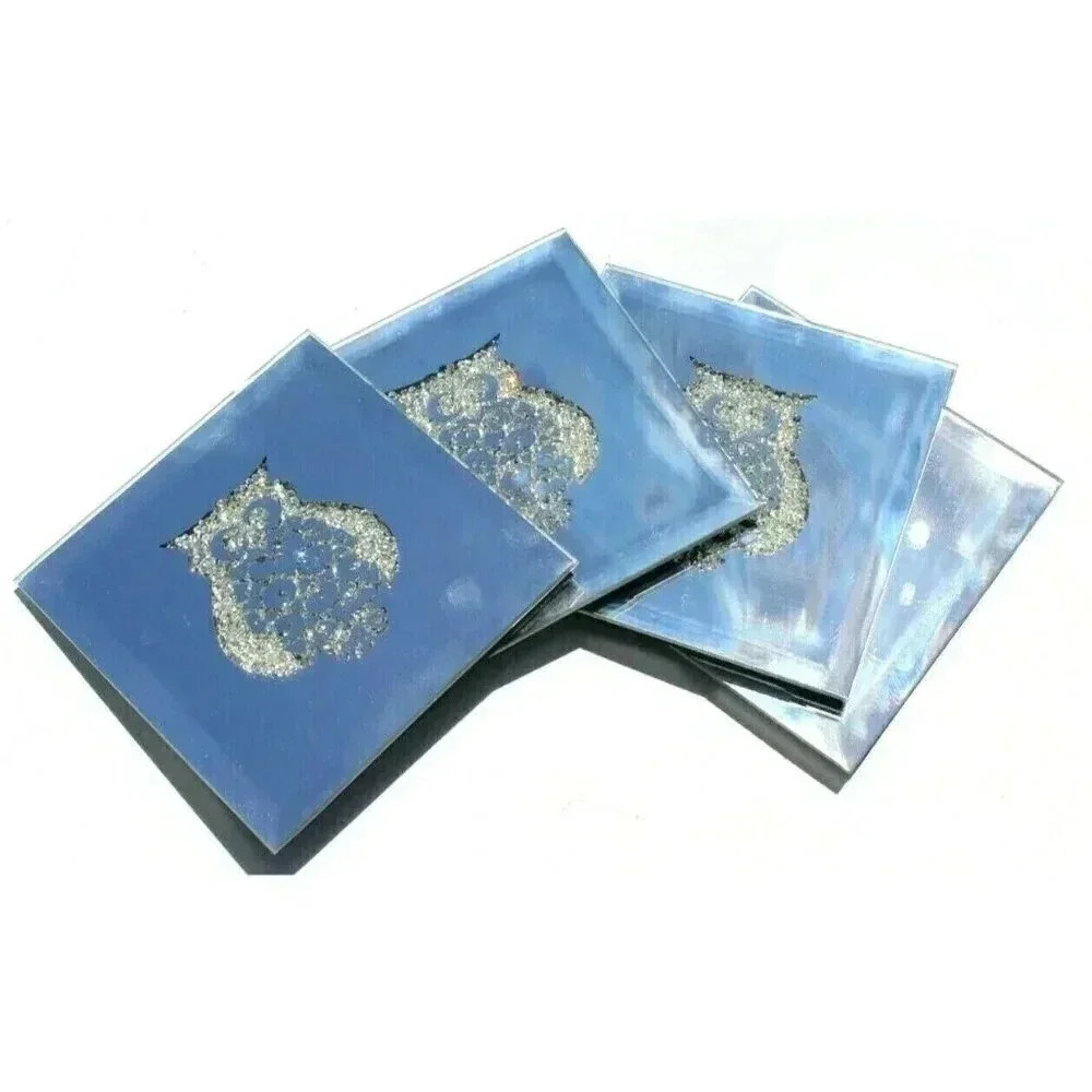 NEW 4 Piece American Atelier Glass Rhinestones Owl Bird Glass Mirror Coasters